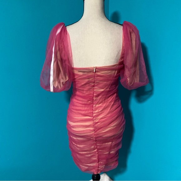 NWT Missguided 10 Pink Neon Mesh Ruched Puff Sleeve Mini Dress Party - Picture 6 of 7